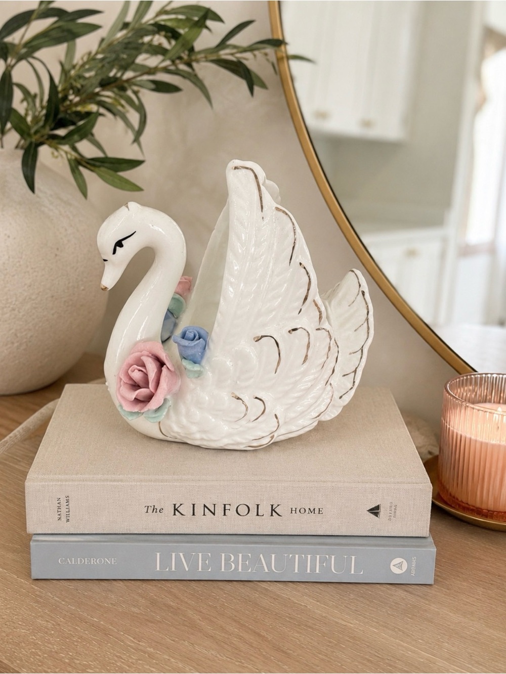 Vintage porcelain Swan Cottage core shabby chic  figurine trinket ring dish